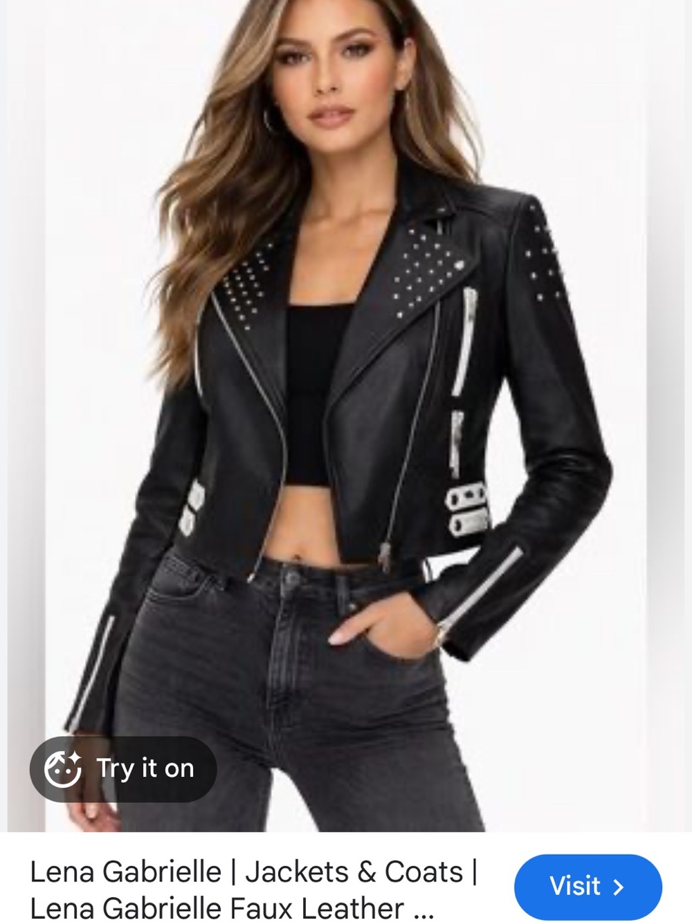Lena Gabrielle Petite Faux Leather Studded Moto Jacket Size 10